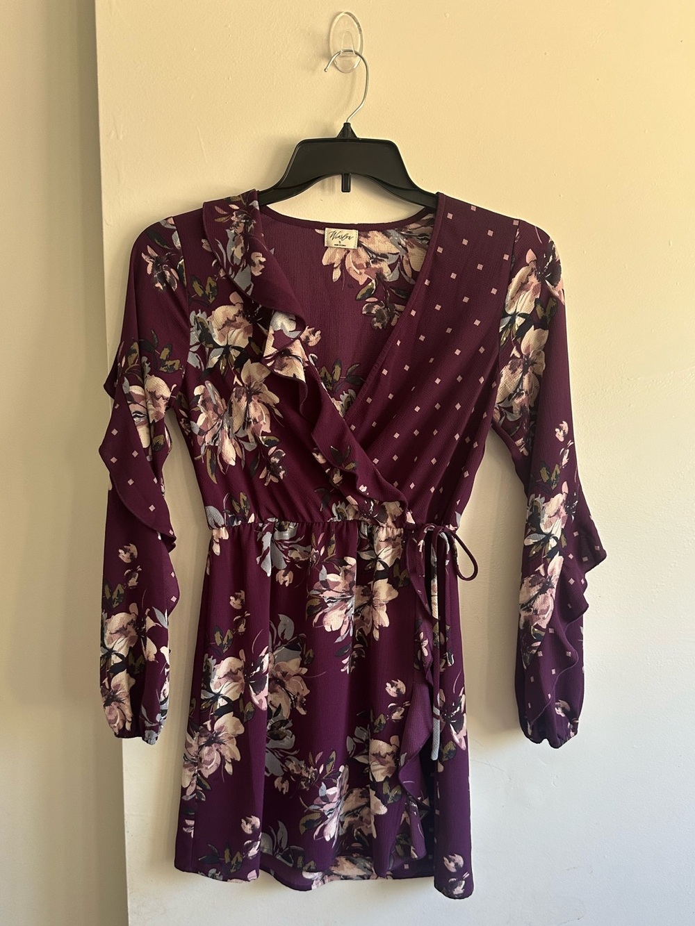 Floral Wrap Long-Sleeve Dress in Plum
